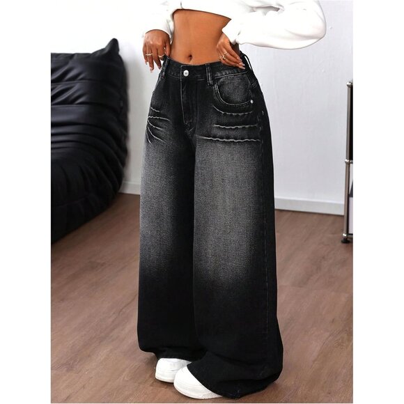 Women's Y2K Baggy Jeans Low Waist Cross Print Wide Leg Denim Pants - Picture 3 of 5